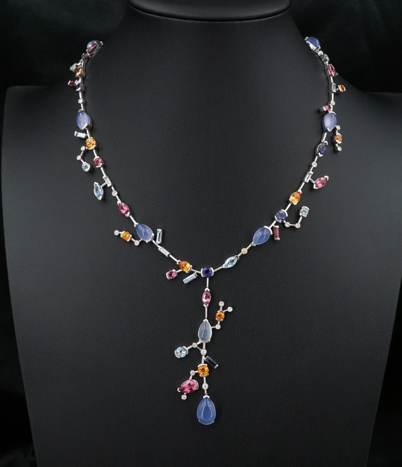 18k Meli Melo Multi-Gem Station Necklace Moonstone Diamond White Gold, view 4