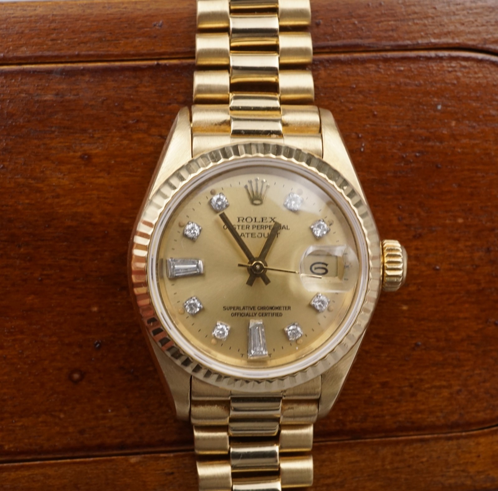 Ladies Rolex 18k Yellow Gold Diamond Dial Watch 69178 26mm 1991 Warranty, view 1