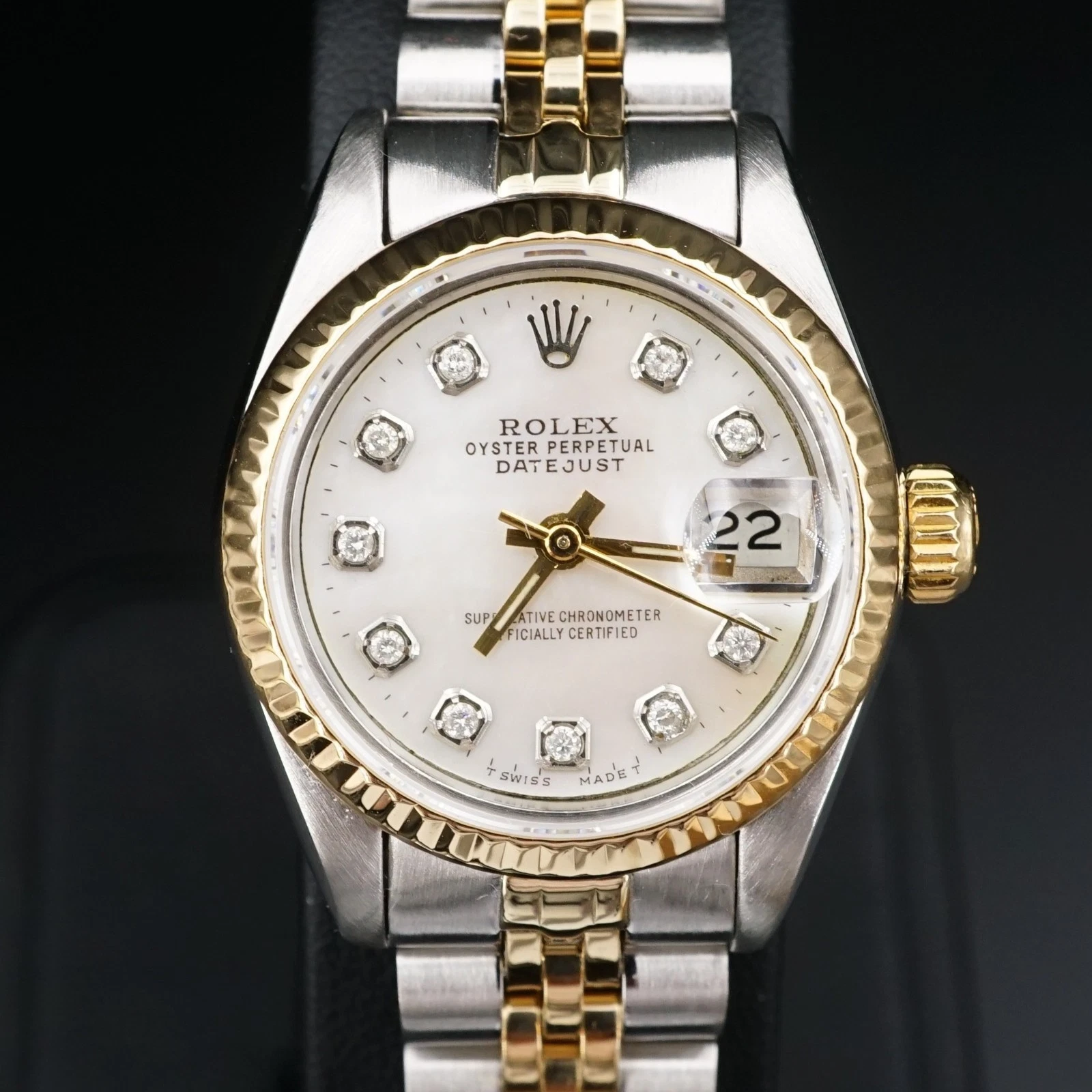Ladies Rolex Diamond MOP 69173 SS 18k 1985 26mm Jubilee Warranty Watch, view 1