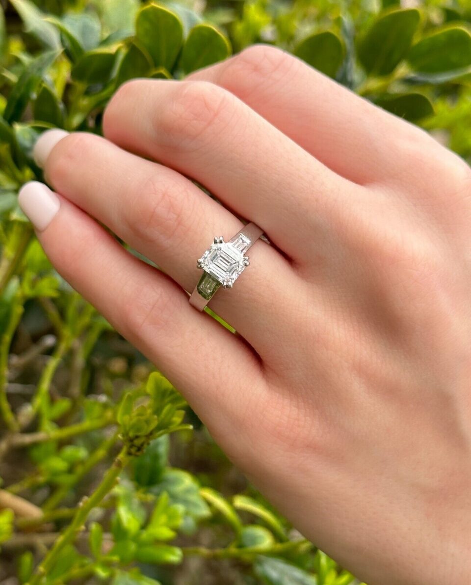 French Diamond Engagement Ring Platinum 1.9ct Emerald Size 6.25 G VS1 HRD, view 3