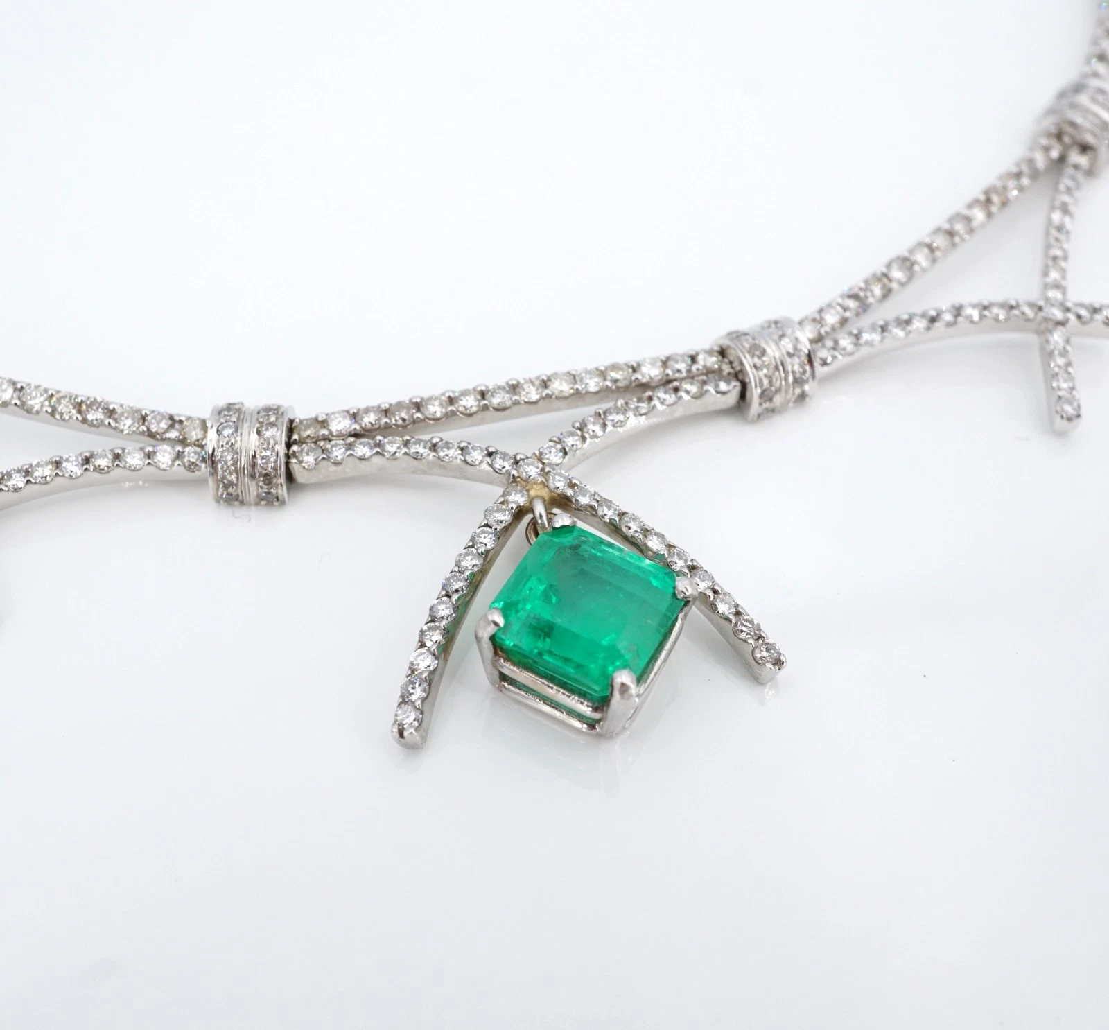 Vintage 2.5ct Colombian Emerald Diamond Bib Necklace 14k White Gold 16", view 7