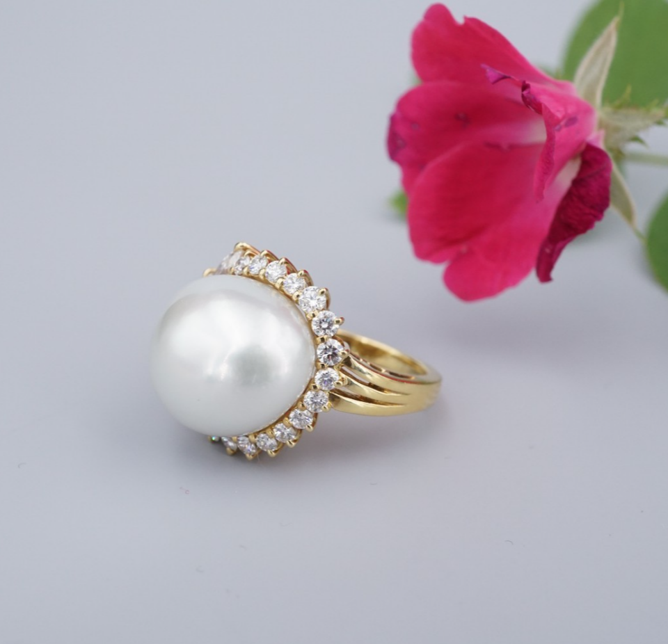 18k Gold Mikimoto 16mm Baroque South Sea Pearl Diamond Halo Ring Sz 5.75 RG4819