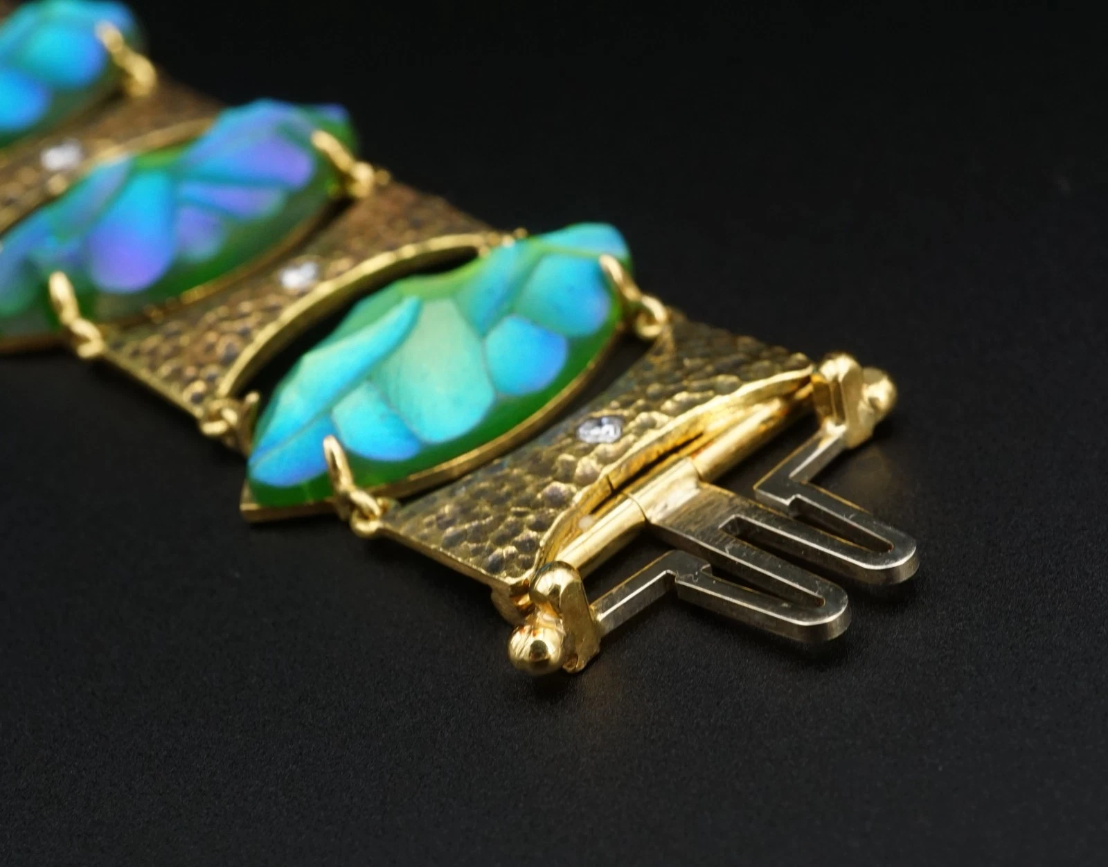 Vintage 18k Carved Blue Favrile Glass Diamond Suite 1.4ctw Yellow Gold, view 10