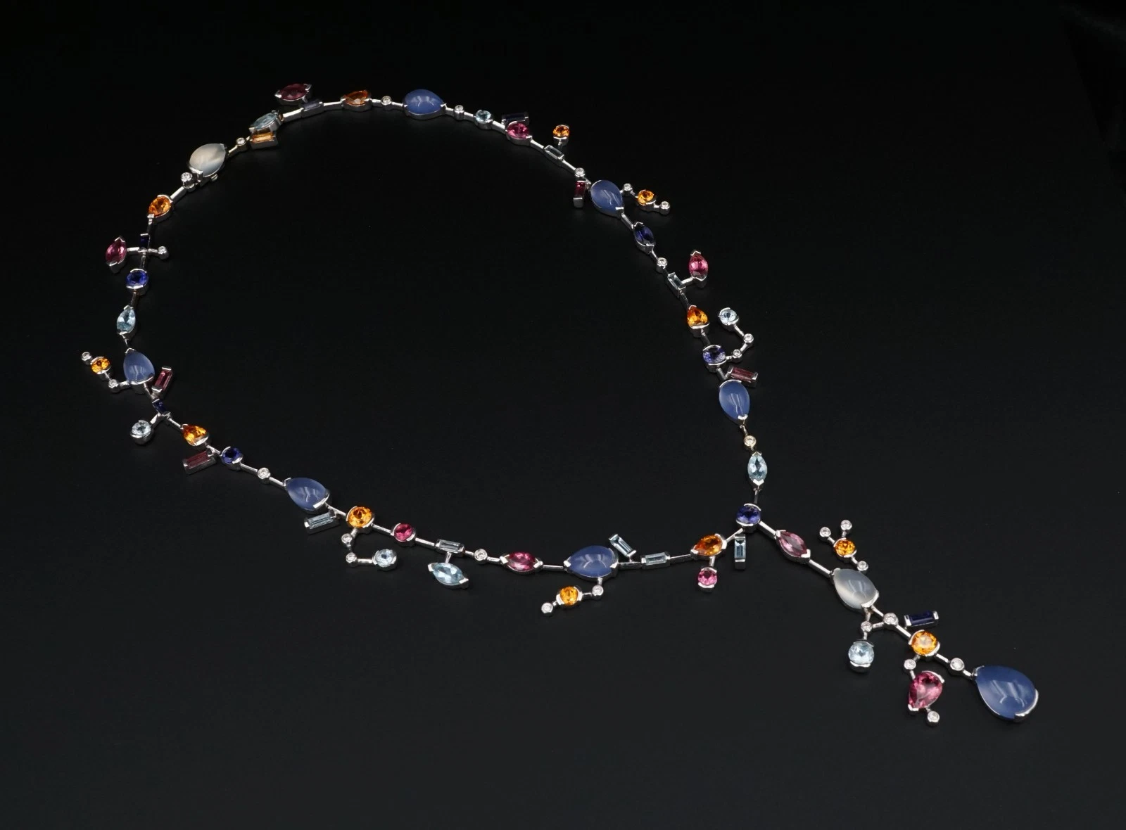 18k Meli Melo Multi-Gem Station Necklace Moonstone Diamond White Gold, view 5