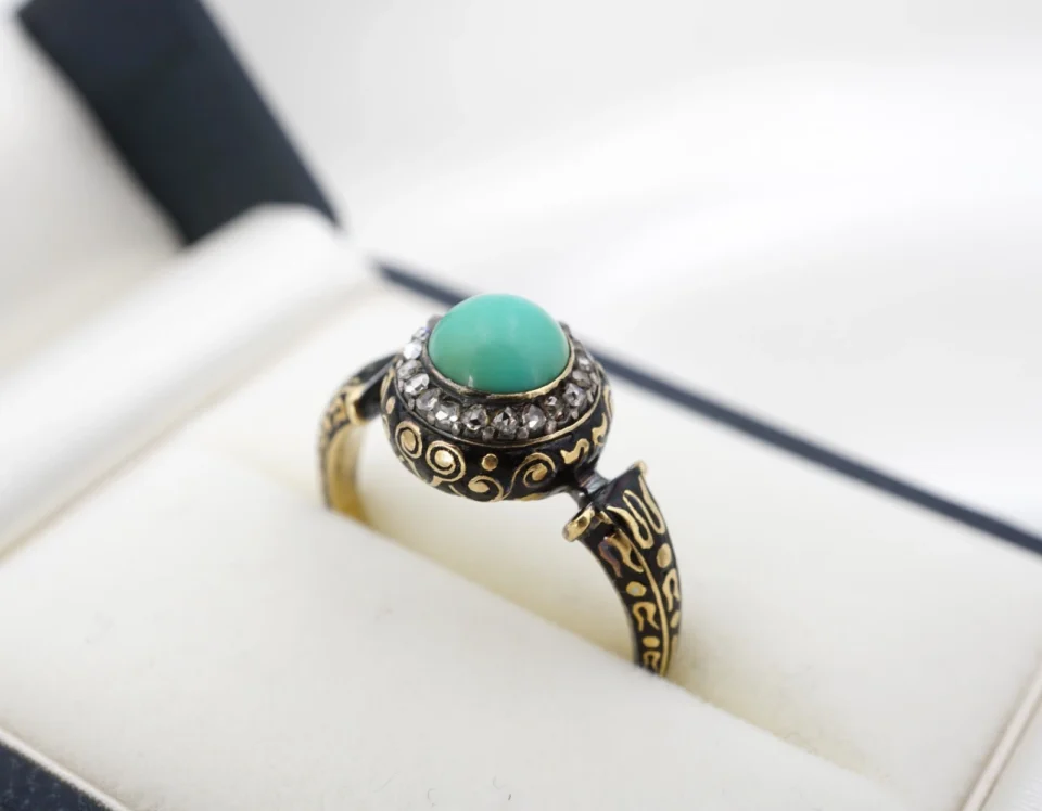 1870s French Renaissance Revival Black Enamel Diamond Turquoise Ring Sz 6 RG5487