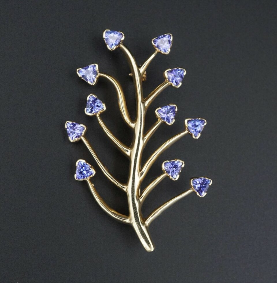 Tanzanite Tree of Life Pin Brooch 14k Yellow Gold 2" Signed HOT OG337
