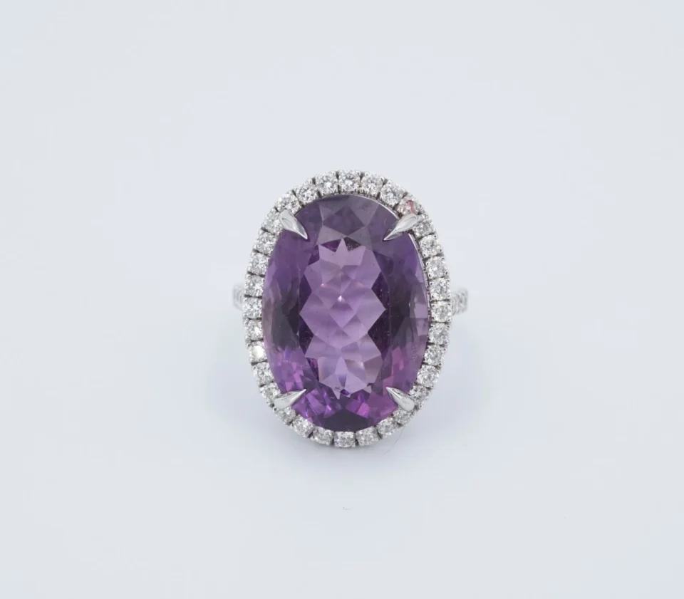 14k Amethyst Diamond Halo Ring Cocktail White Gold Size 6.5 Statement CO1282