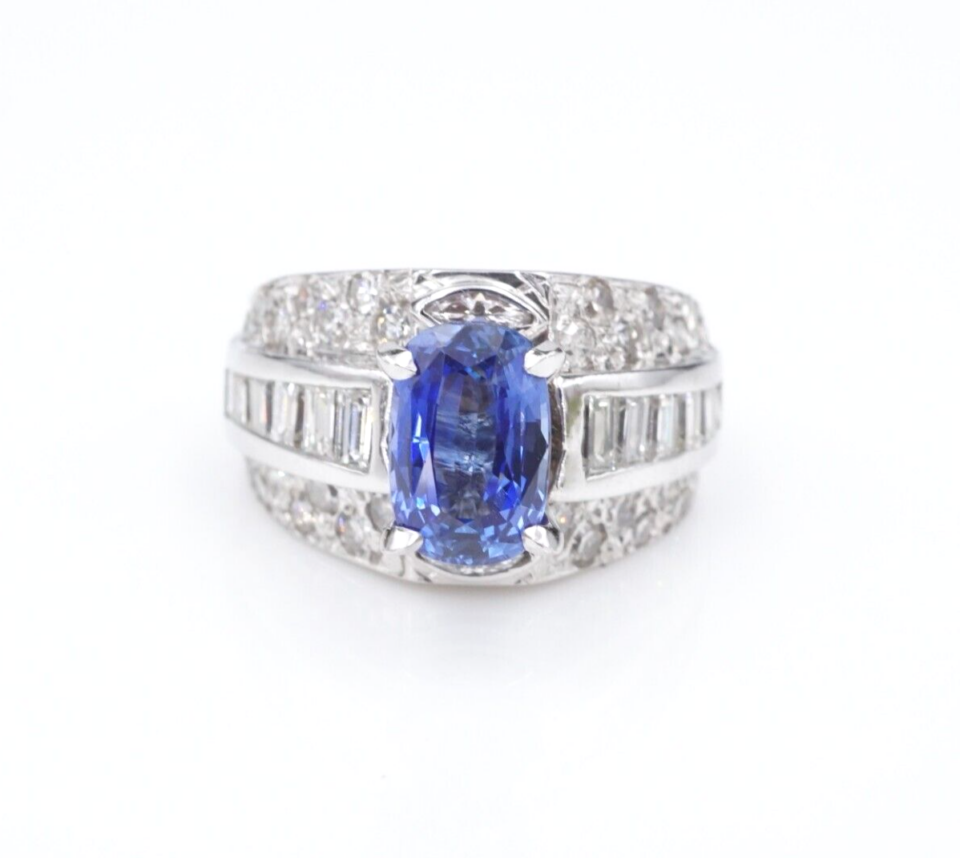 14k Natural Blue Sapphire Diamond Cocktail Ring White Gold Size 5 Vintage CO1210