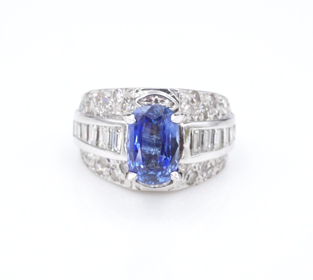 14k Natural Blue Sapphire Diamond Cocktail Ring White Gold Size 5 Vintage, view 1