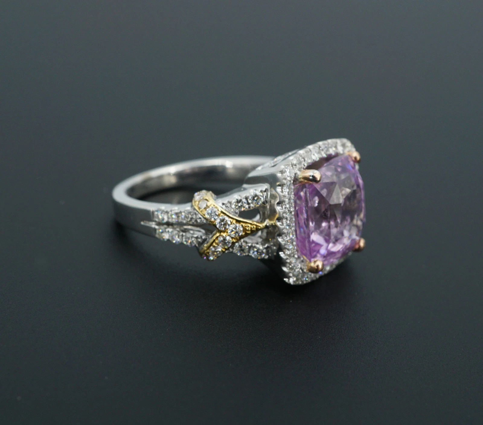 18k Pink Sapphire Diamond Halo Engagement Ring Tri Gold Size 7, view 8