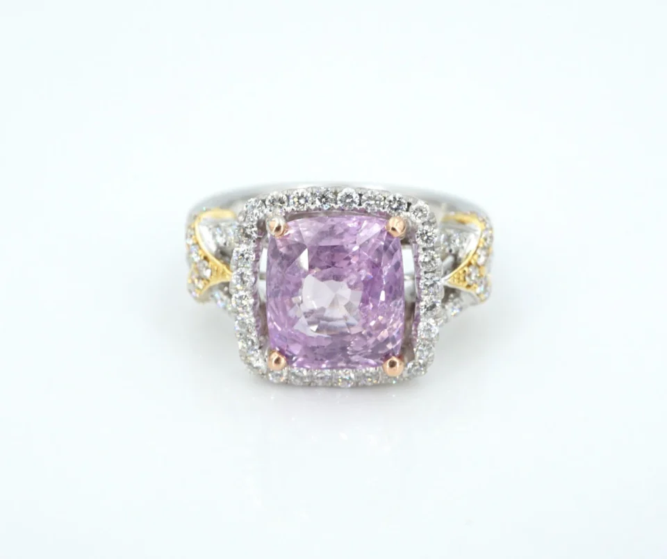 18k Pink Sapphire Diamond Halo Engagement Ring Tri Gold Size 7 CO1298