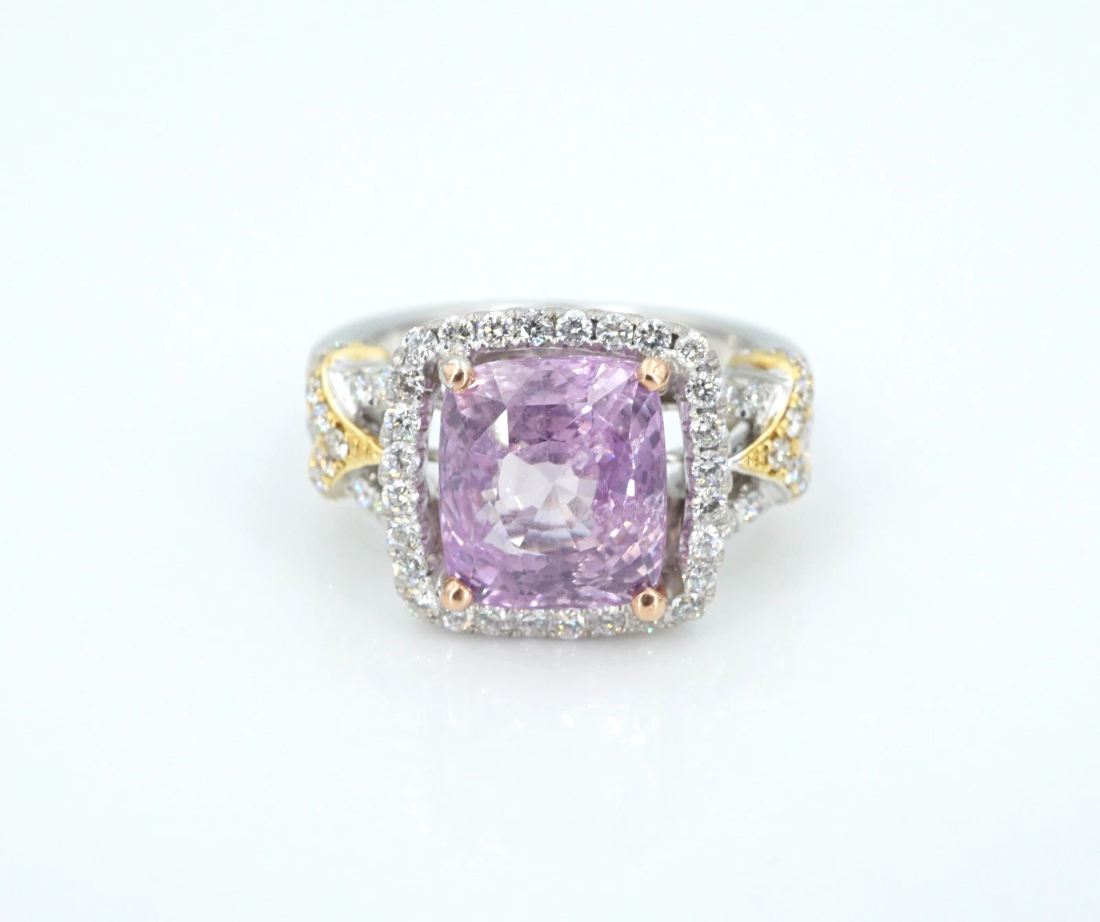 18k Pink Sapphire Diamond Halo Engagement Ring Tri Gold Size 7, view 1