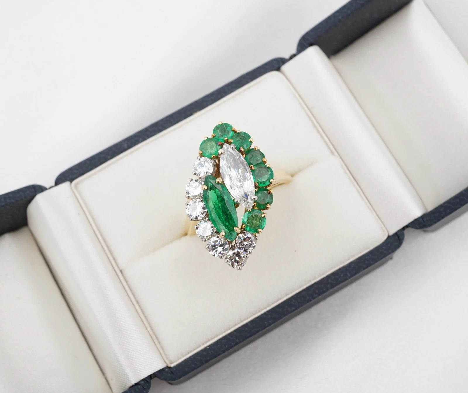 3ctw Natural Emerald Diamond Navette Toi et Moi Bypass Ring 18k Size 8.25, view 6