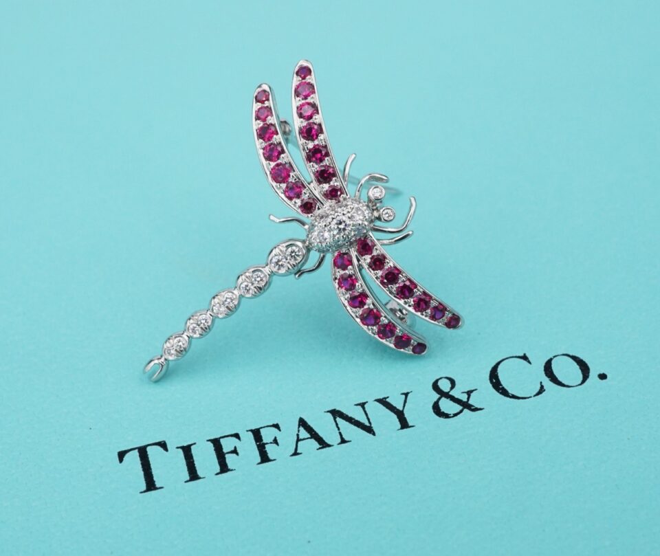 Tiffany & Co Enchant Dragonfly Platinum Ruby Diamond Pendant Brooch OG564
