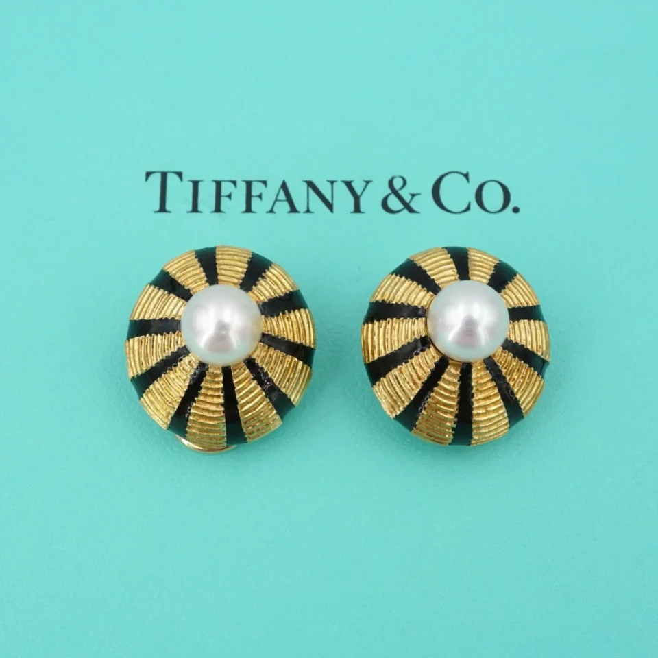 Tiffany Schlumberger Earrings 18k Gold Taj Mahal Pearl Enamel 0.9" 24g EG2854