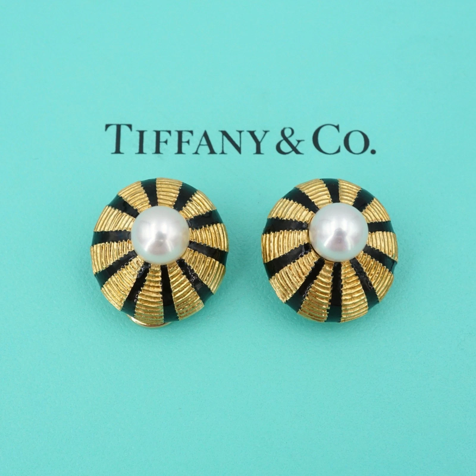 Tiffany Schlumberger Earrings 18k Gold Taj Mahal Pearl Enamel 0.9" 24g, view 1