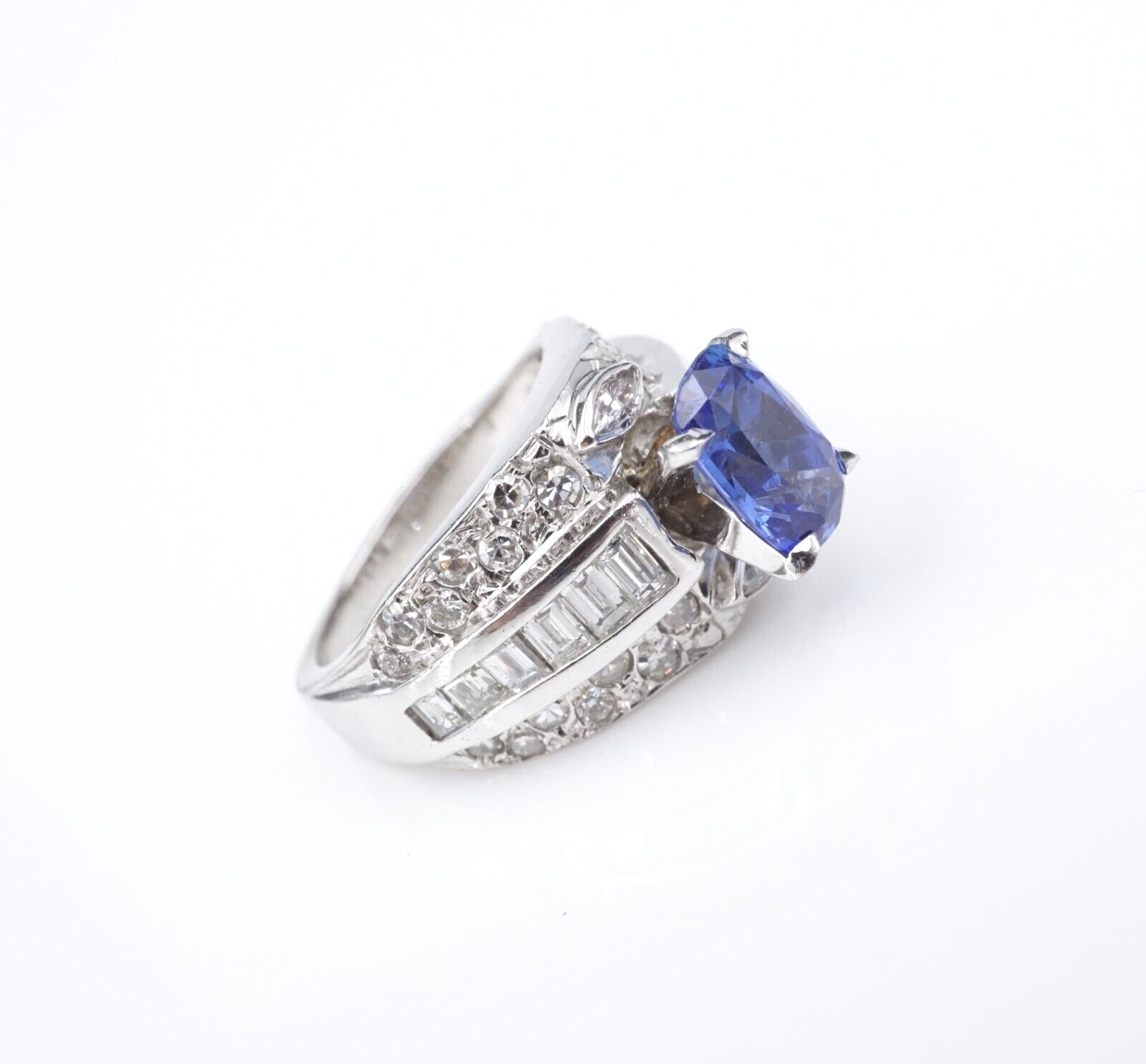 14k Natural Blue Sapphire Diamond Cocktail Ring White Gold Size 5 Vintage, view 4