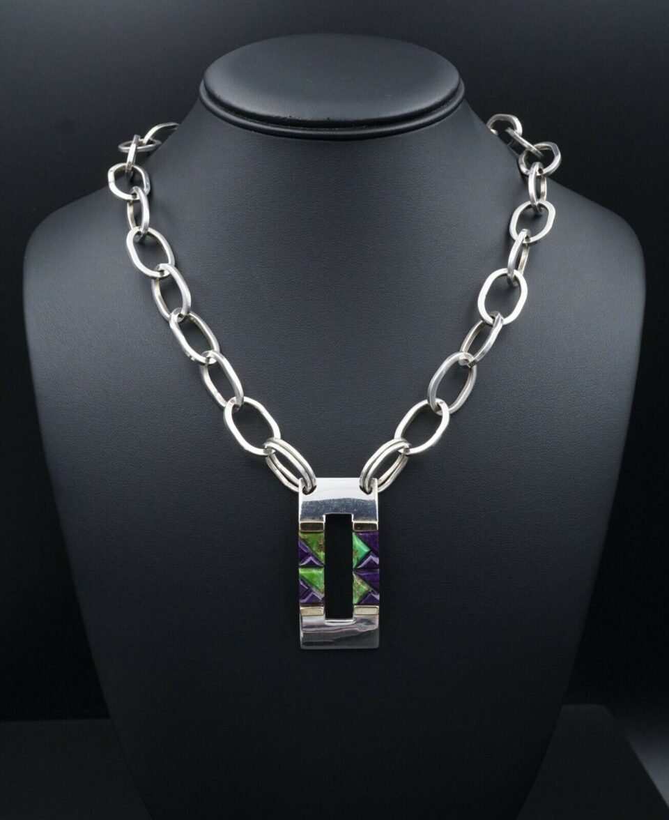 Valentin A Sterling Silver Inlay Pendant Necklace Carico Turquoise 20" Z, view 2
