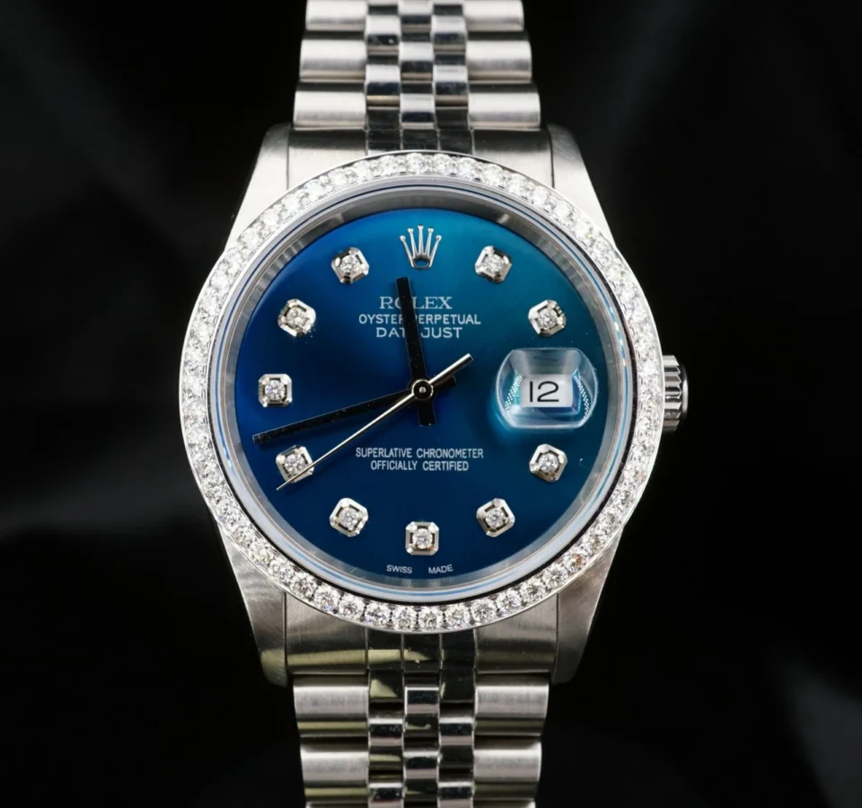 2000 Rolex Datejust Ref 16220 Blue Diamond Dial Bezel 18k SS Warranty 36mm W1371