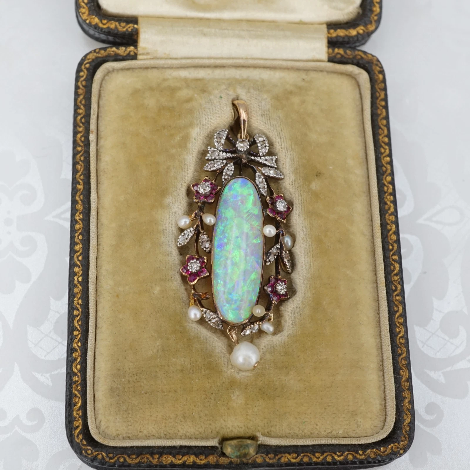 Antique 18k Opal Diamond Ruby Pendant Yellow Gold Fitted Box, view 5