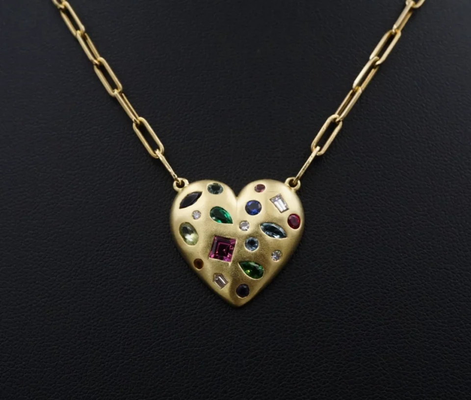 Designer Lauren K 18k Yellow Gold Heart Cluster Gem Pendant Necklace 18", view 3