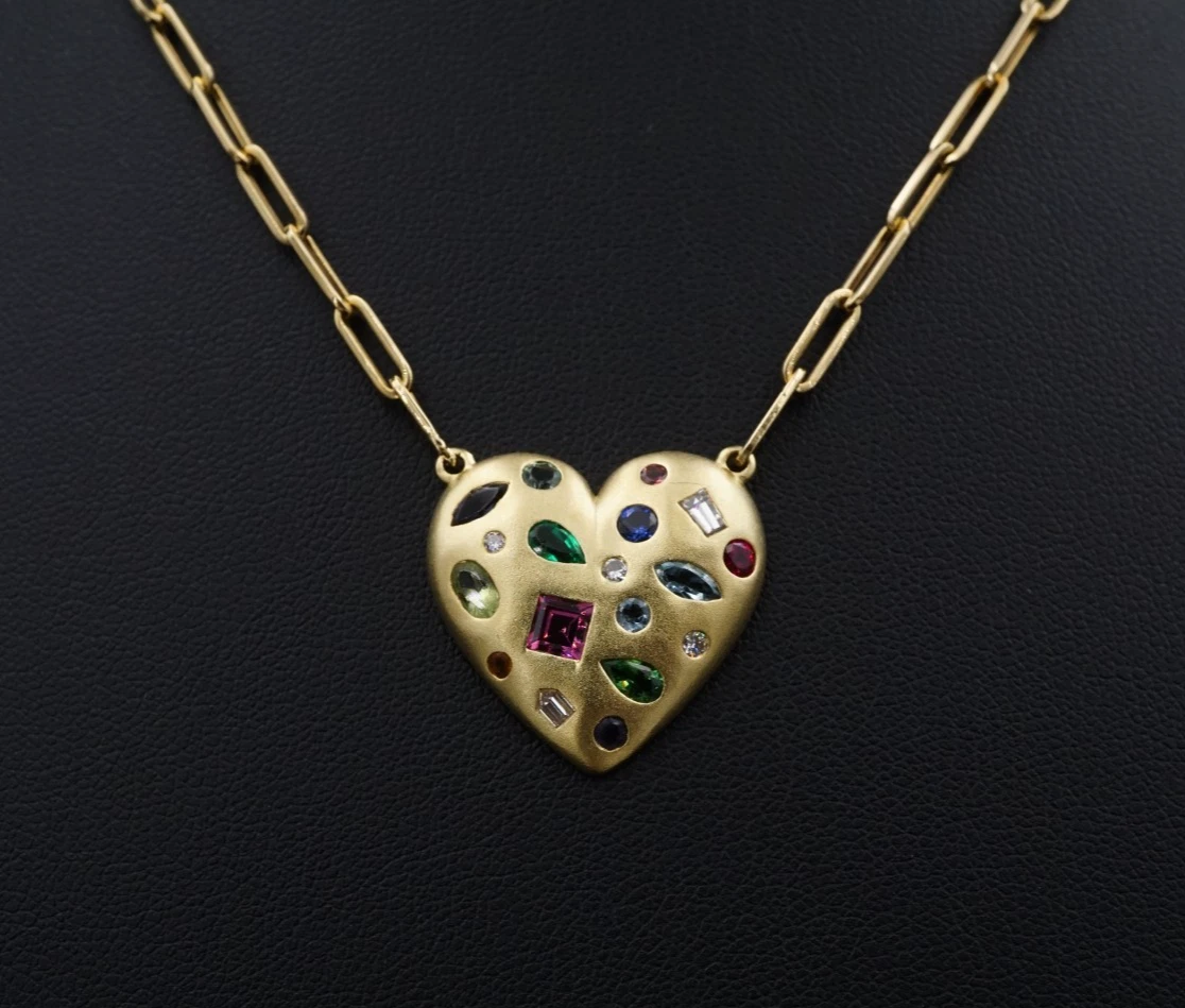 Designer Lauren K 18k Yellow Gold Heart Cluster Gem Pendant Necklace 18", view 3