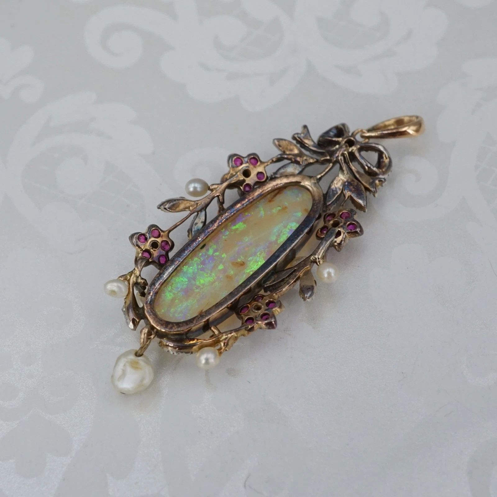 Antique 18k Opal Diamond Ruby Pendant Yellow Gold Fitted Box, view 7