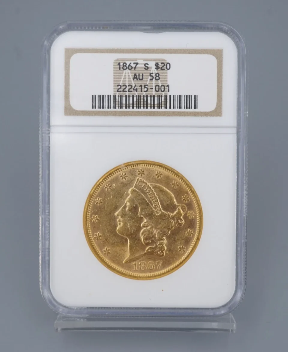 1867-S Double Eagle Gold $20 Dollar Coin NGC AU58 Motto CN999