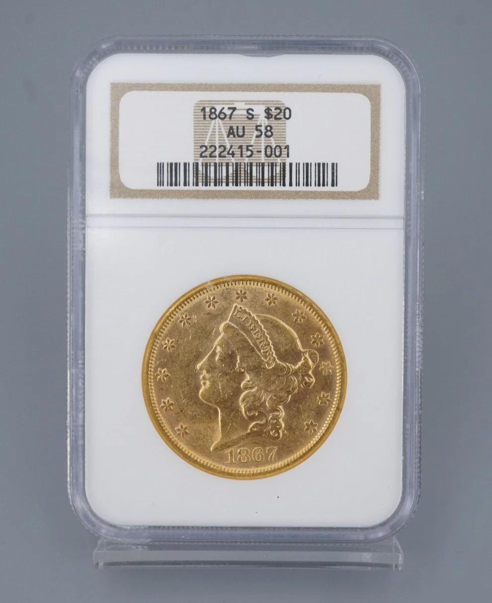 1867-S Double Eagle Gold $20 Dollar Coin NGC AU58 Motto, view 1