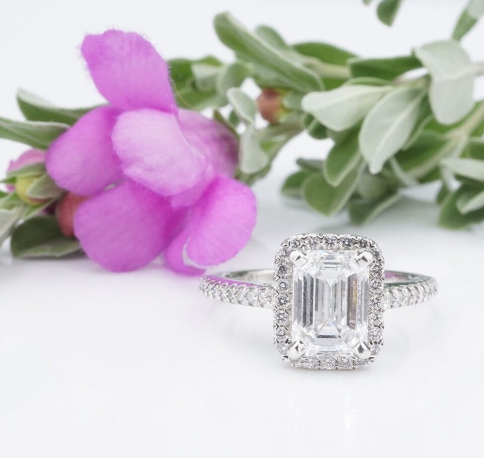 1.7ct Emerald Cut Diamond Halo Engagement Ring Size 5 Platinum D VS2 GIA, view 4