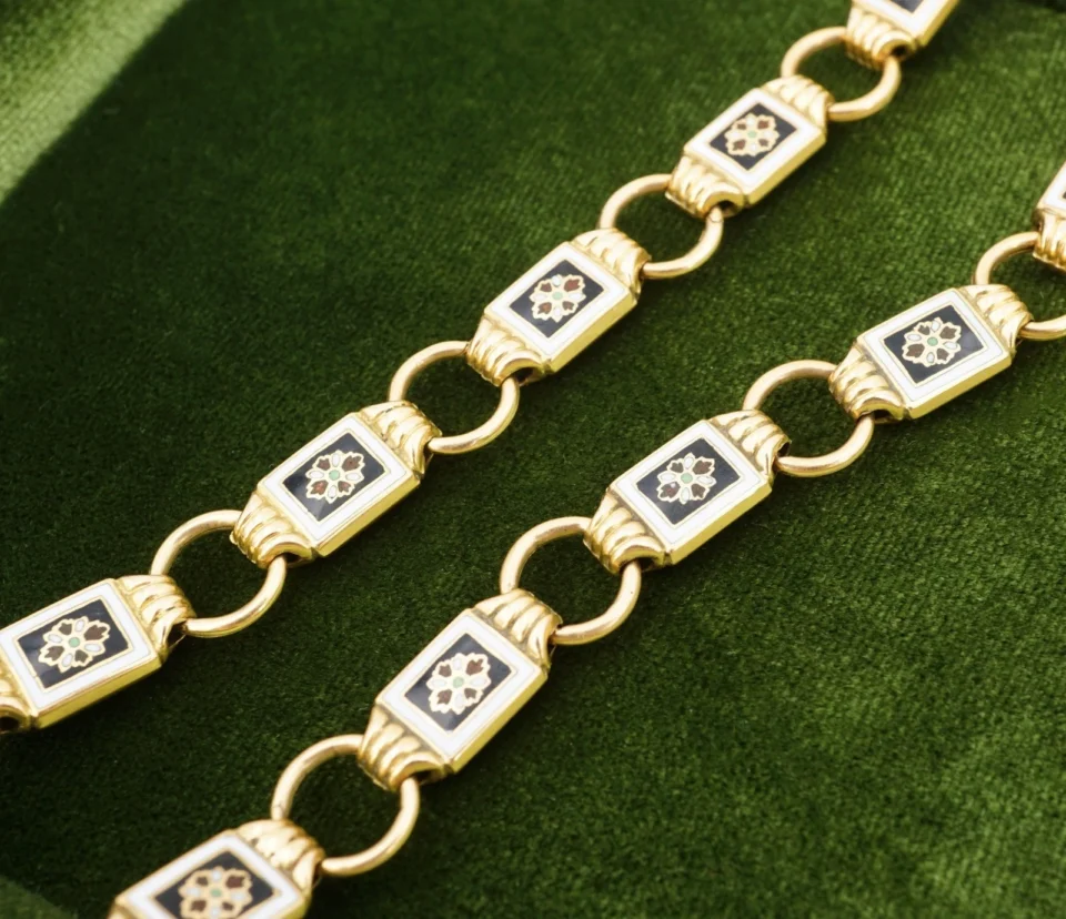 Antique 18K Gold Black White Enamel Floral Link Necklace 16.5" Victorian, view 3