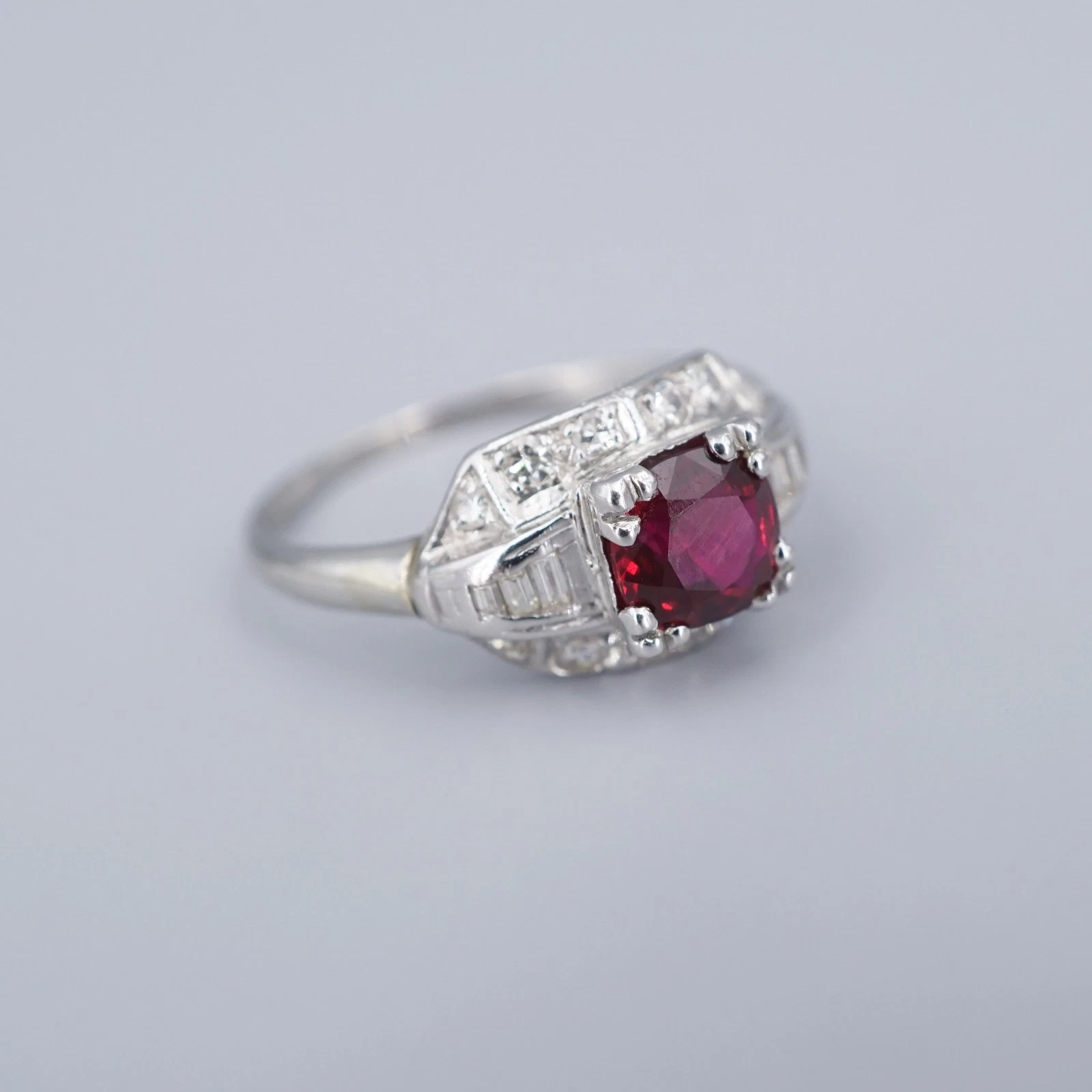 Vintage Art Deco Diamond Ring Thai Ruby Platinum Size 5.75 GIA Cocktail, view 4
