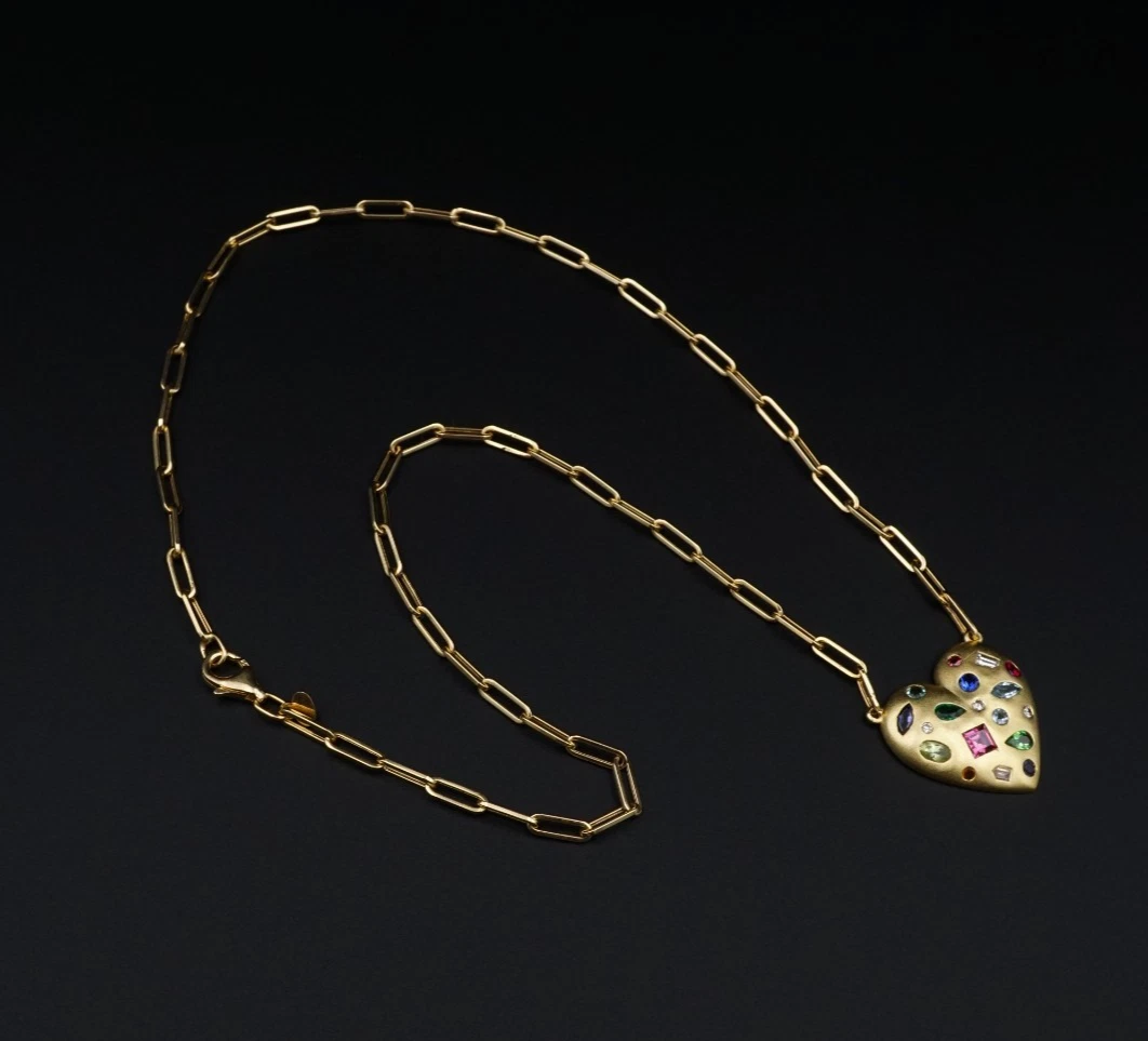 Designer Lauren K 18k Yellow Gold Heart Cluster Gem Pendant Necklace 18", view 7