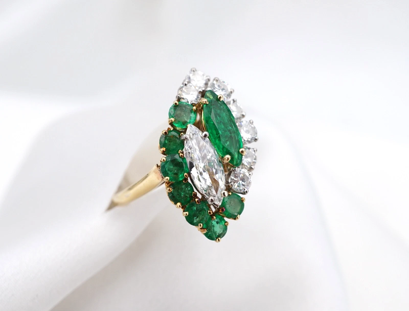 3ctw Natural Emerald Diamond Navette Toi et Moi Bypass Ring 18k Size 8.25, view 8