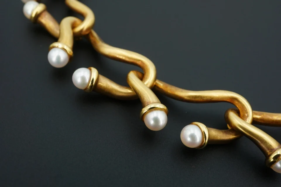 Angela Cummings 18k Pearl Collar Necklace Yellow Gold 16" Vintage, view 3