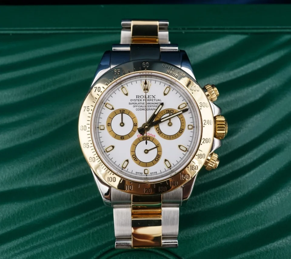 2005 Rolex Cosmograph Daytona 1165523 18k Gold Stainless 40mm Box Papers W1387