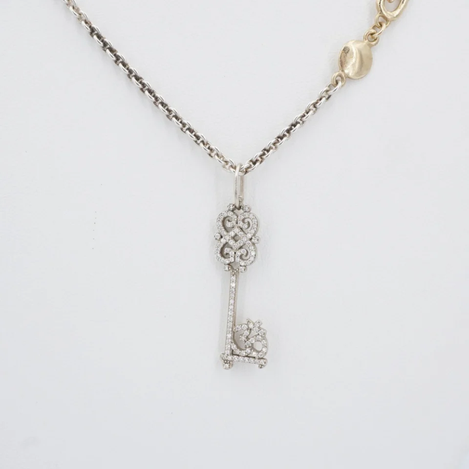 Sonja Picard Sterling 14k Double Lotus Heart Key Diamond Necklace 22" CO1272