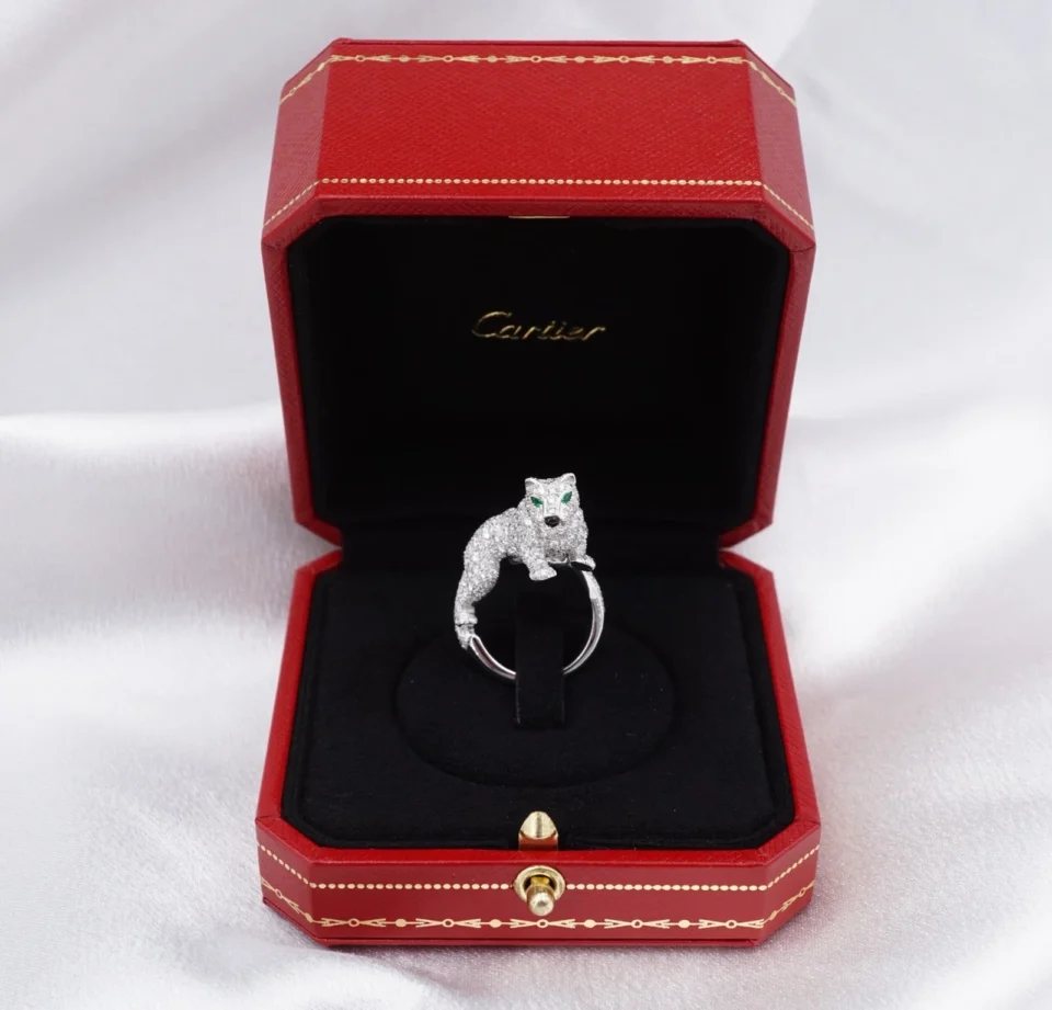 Vintage 18k Panthere De Cartier Diamond Emerald Onyx Walking Panther Ring, view 4