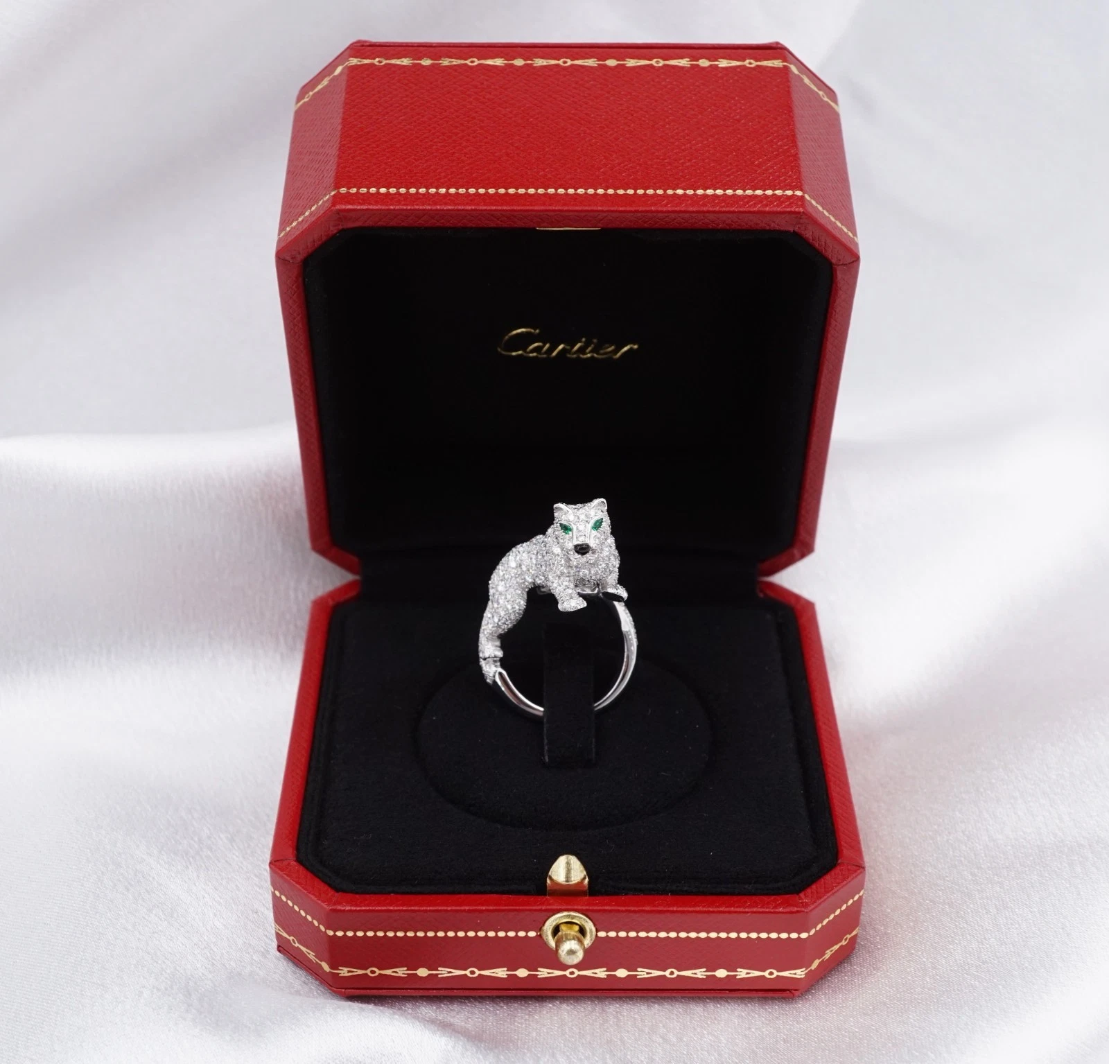Vintage 18k Panthere De Cartier Diamond Emerald Onyx Walking Panther Ring, view 4
