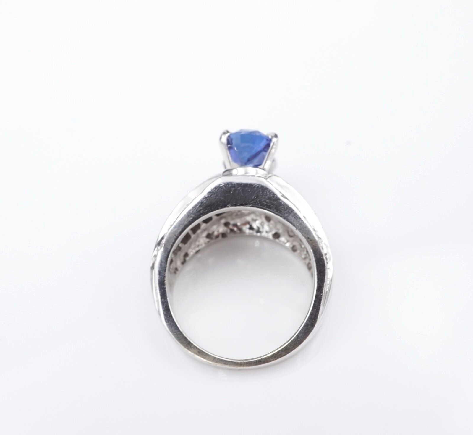 14k Natural Blue Sapphire Diamond Cocktail Ring White Gold Size 5 Vintage, view 6