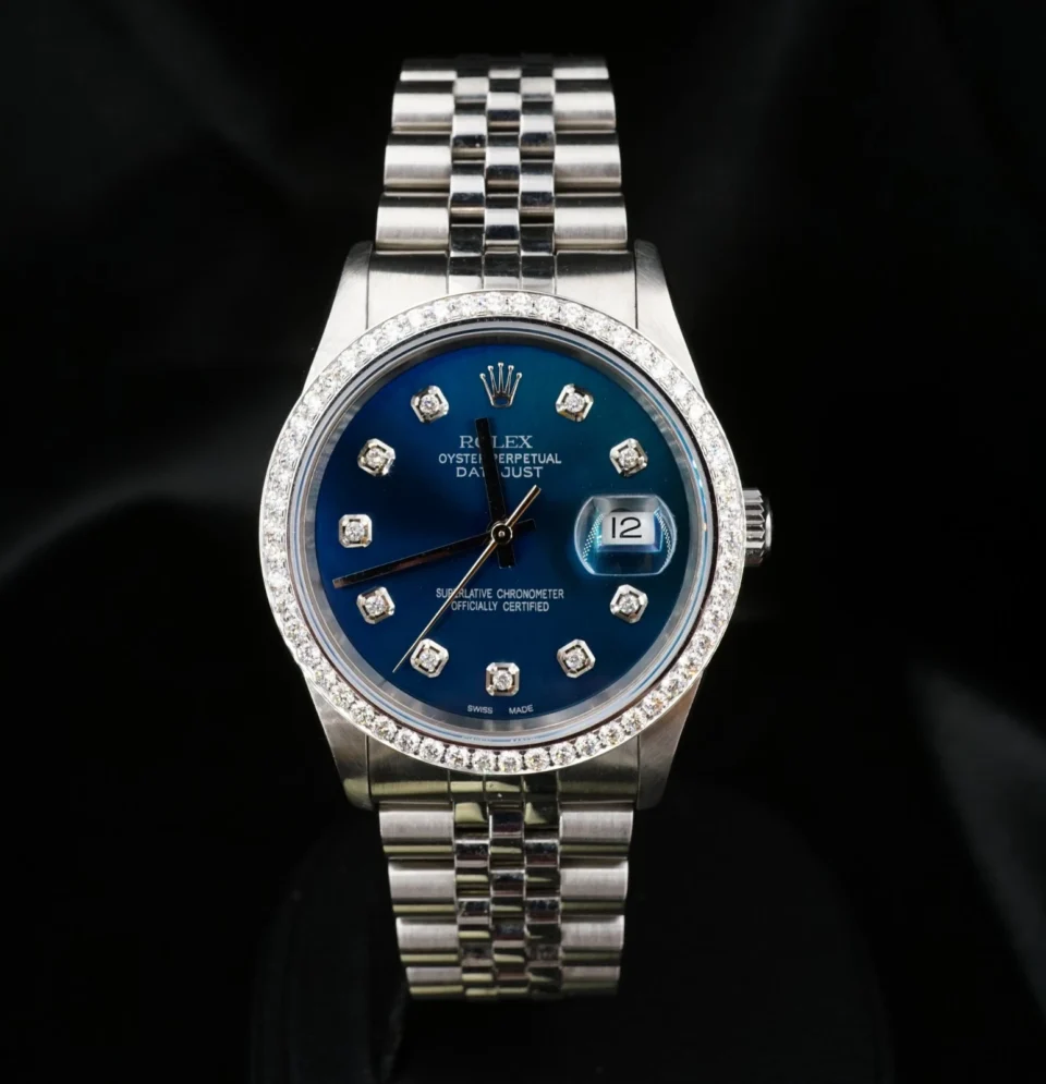 2000 Rolex Datejust Ref 16220 Blue Diamond Dial Bezel 18k SS Warranty 36mm, view 2