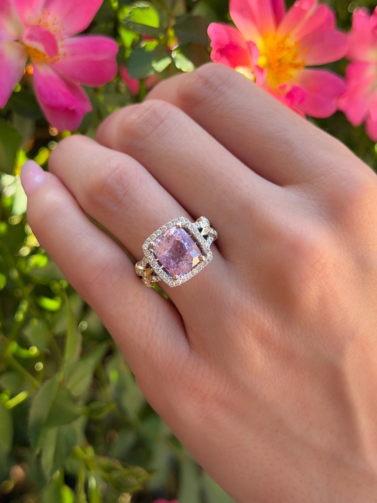 18k Pink Sapphire Diamond Halo Engagement Ring Tri Gold Size 7, view 11