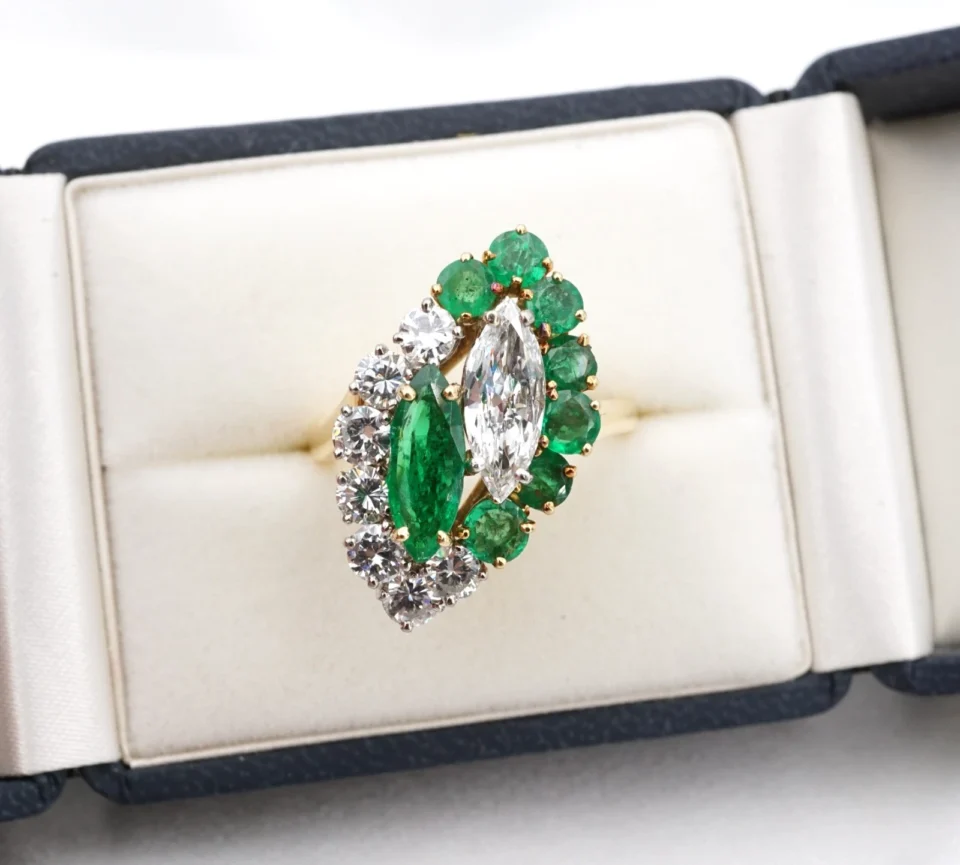 3ctw Natural Emerald Diamond Navette Toi et Moi Bypass Ring 18k Size 8.25 RG5423