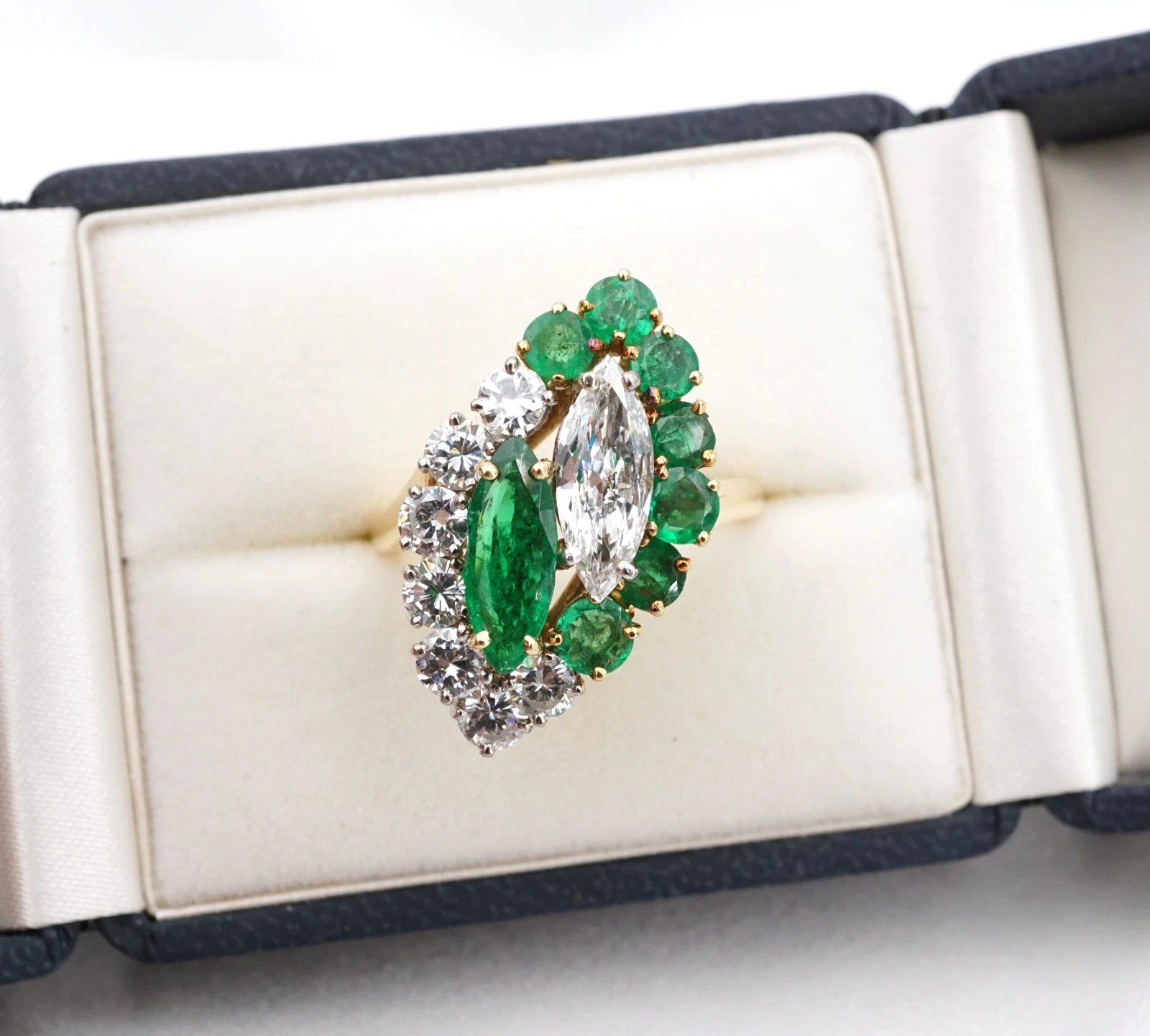 3ctw Natural Emerald Diamond Navette Toi et Moi Bypass Ring 18k Size 8.25, view 1