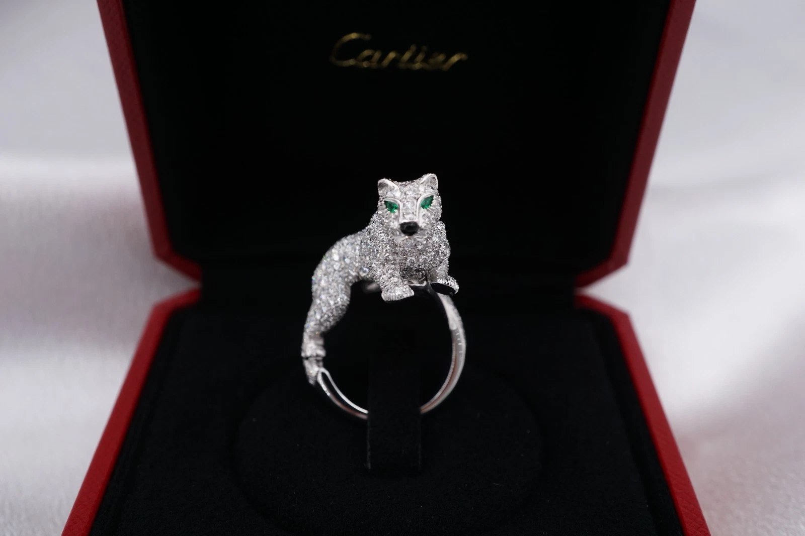 Vintage 18k Panthere De Cartier Diamond Emerald Onyx Walking Panther Ring, view 5