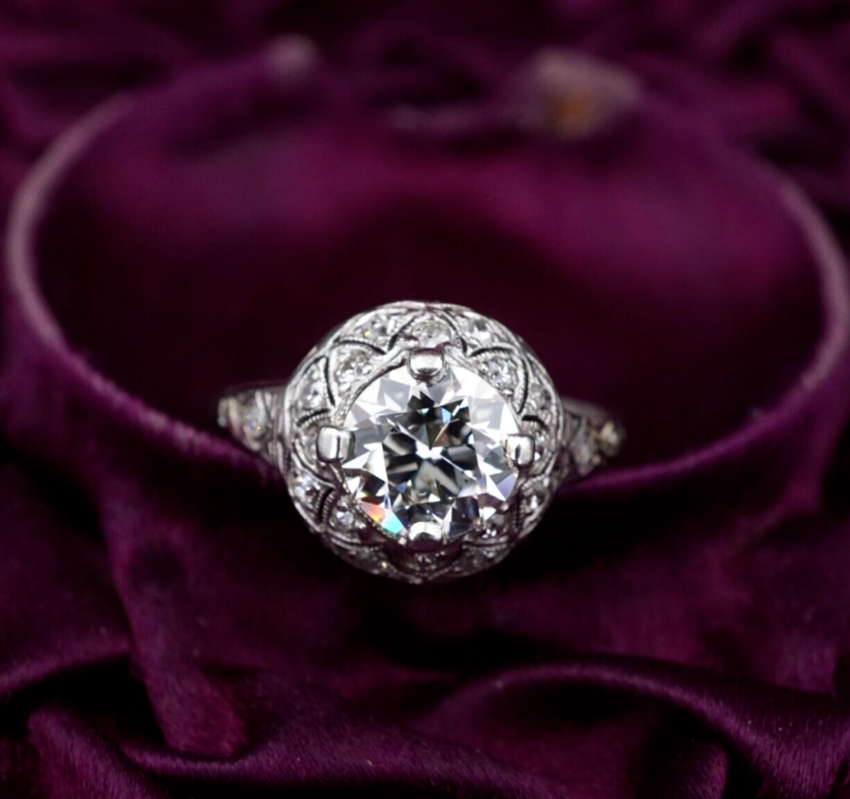 Antique Engagement Ring 18k Platinum Natural Diamond Filigree Size 5 RG4595