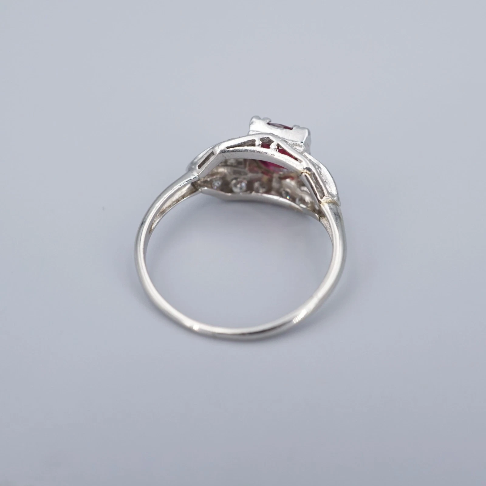 Vintage Art Deco Diamond Ring Thai Ruby Platinum Size 5.75 GIA Cocktail, view 5