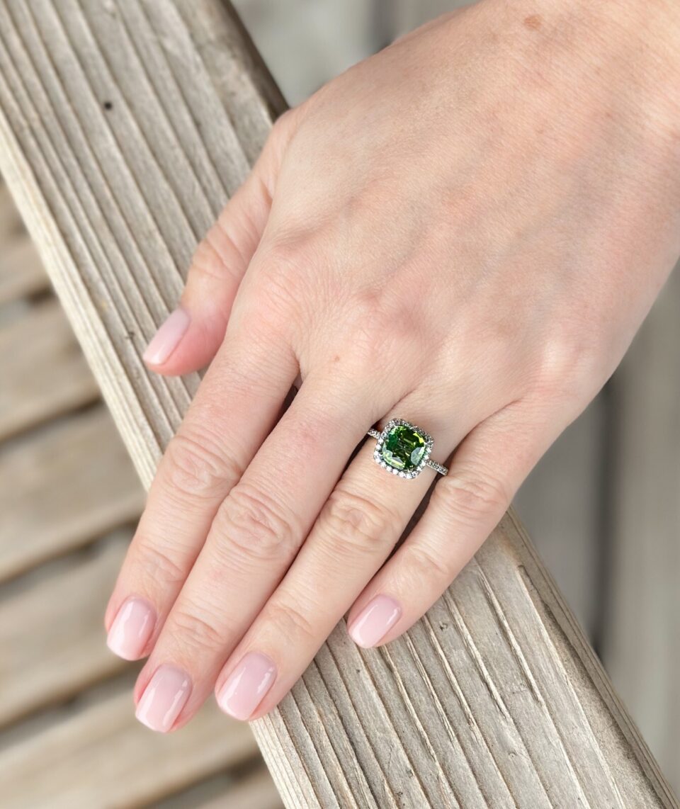 Natural Green Tourmaline Diamond Halo Ring Platinum 3 carat Size 5.75 shown worn