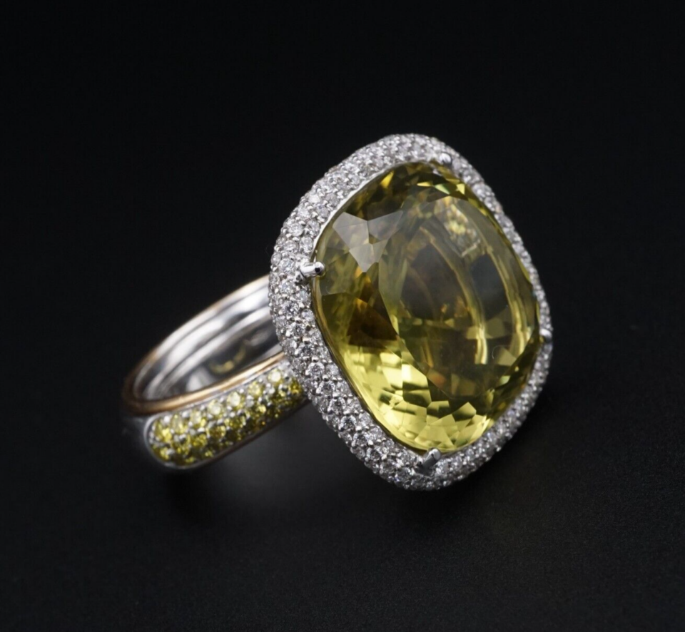 18k Palmiero 20ct Green Beryl Yellow Diamond Halo Cocktail Ring Size 7.5 RG4318