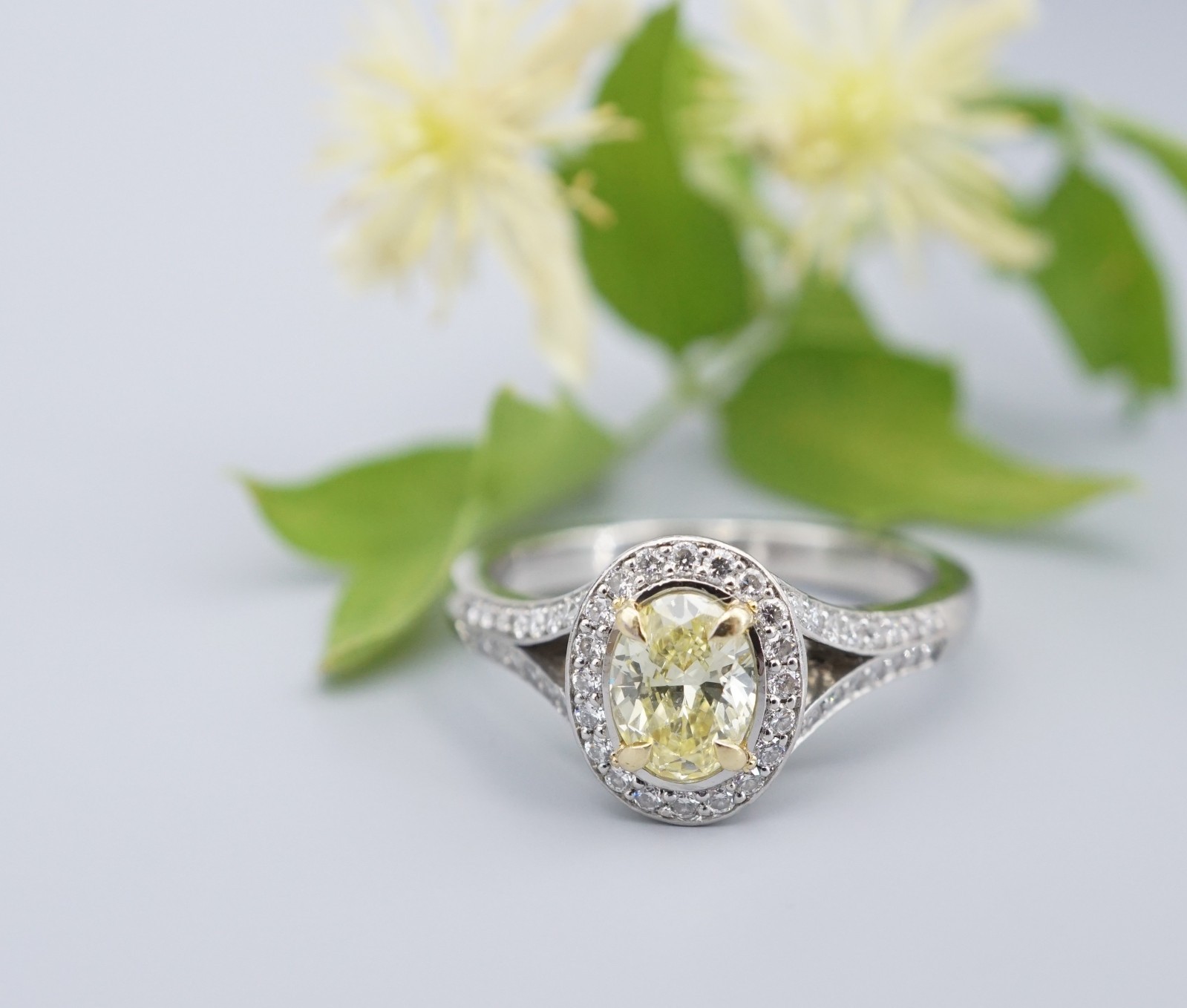 GIA Natural Fancy Intense Yellow Diamond Platinum Halo Ring 1ctw Size 7.5, view 1